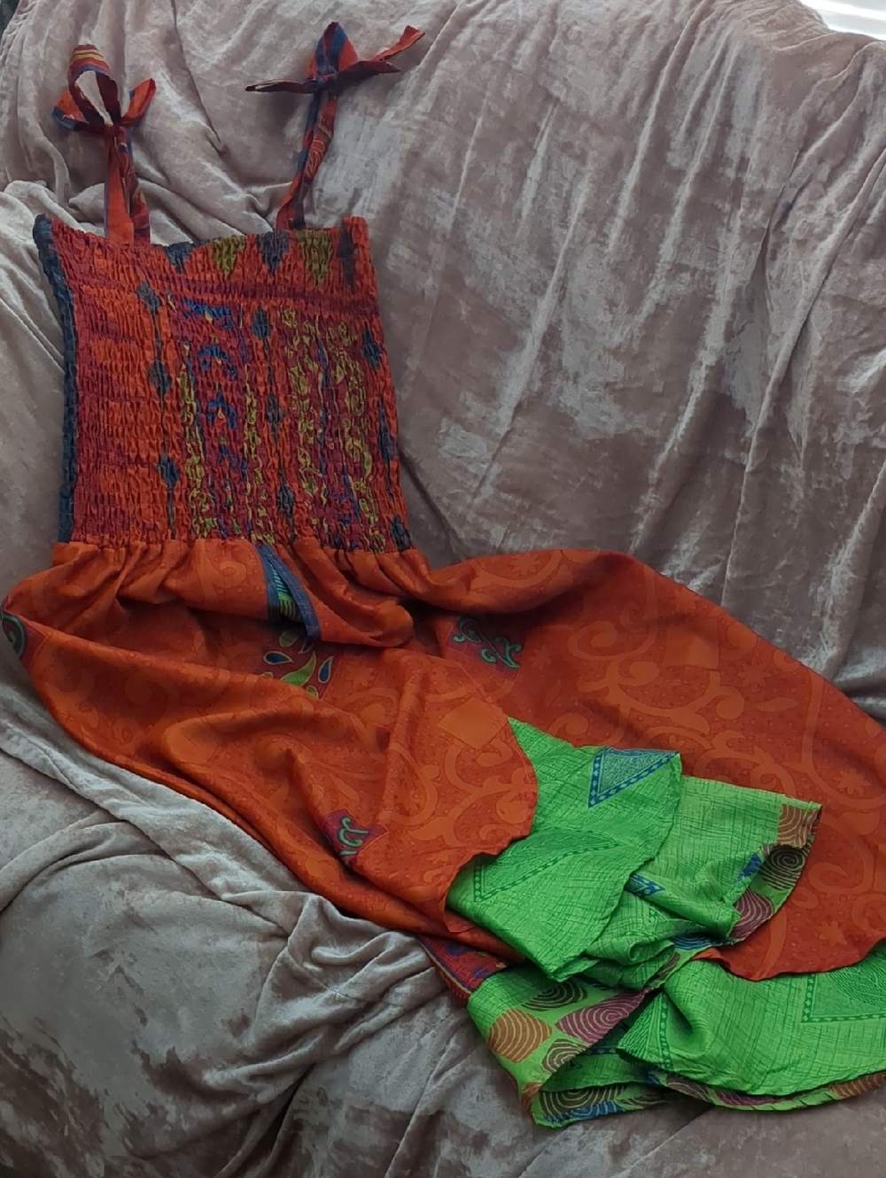 Women’s Orange and Green Midi Dress with Tie Straps